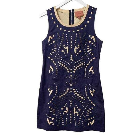 I.MADELINE Dress Small Navy Blue Tan  A-Line Shift Cut Out Embroidered - Picture 2 of 11